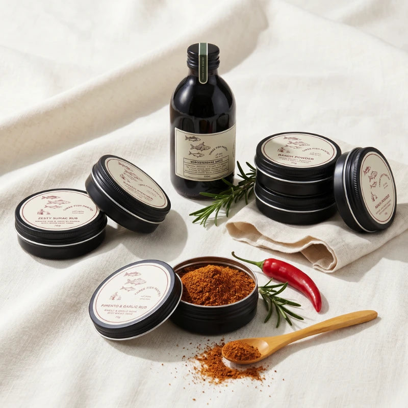 Three Fish Pantry Signature Rubs & Sauce gift box hero shot with Zesty Sumac, Ranch Powder, Pimento & Garlic, Fennel & Chilli, Beetroot & Sunflower Dukkah tins and Worcestershire Sauce bottle in front of the orange Three Fish Pantry presentation box, Fabulous Flowers and Gifts