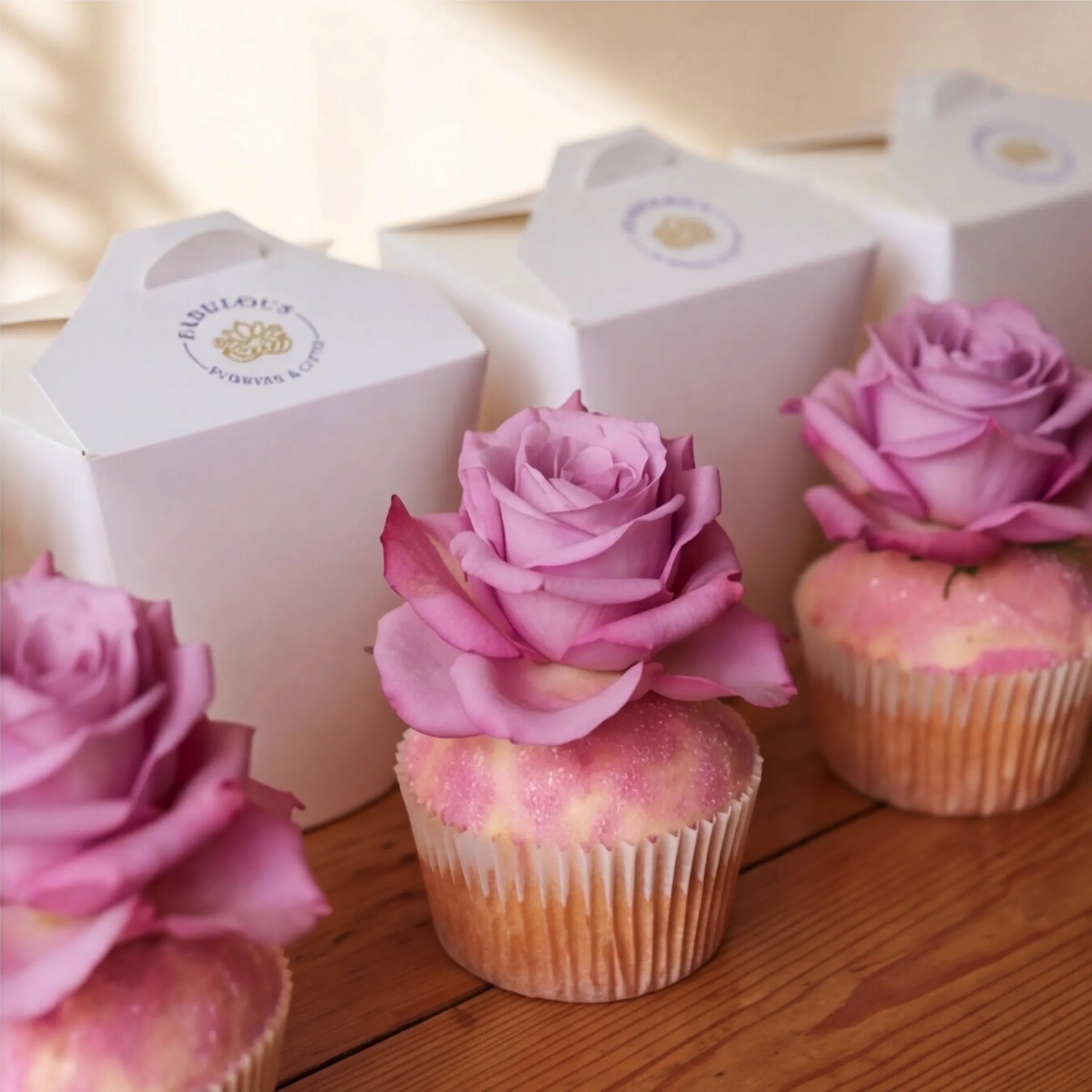 Close-up of three vanilla cupcakes with pink rose toppers and edible glitter, paired with white Fabulous Flowers branded gift boxes featuring the gold crown emblem