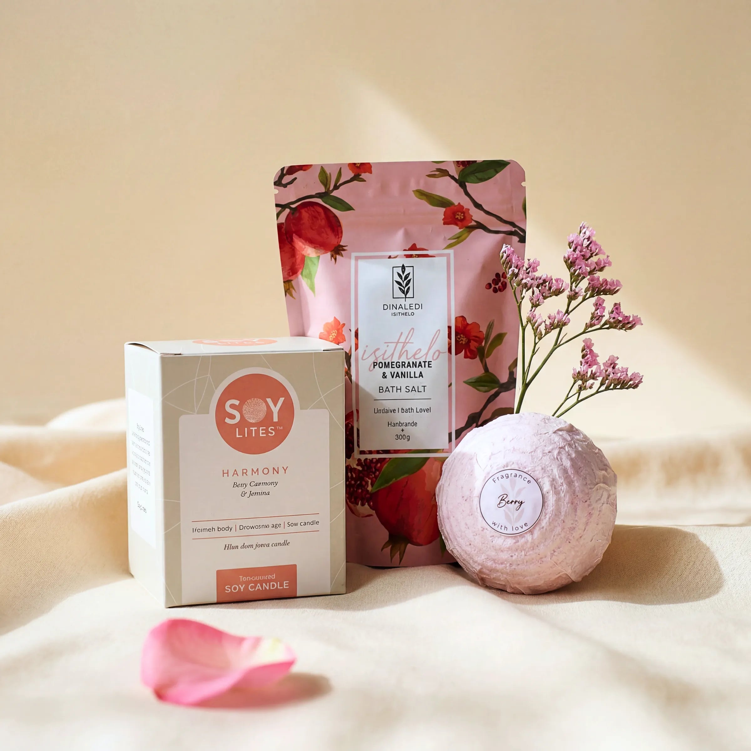 Tickle My Fancy Hamper with Soy Lites Harmony candle, Dinaledi Isithelo Pomegranate Vanilla bath salt and berry bath bomb