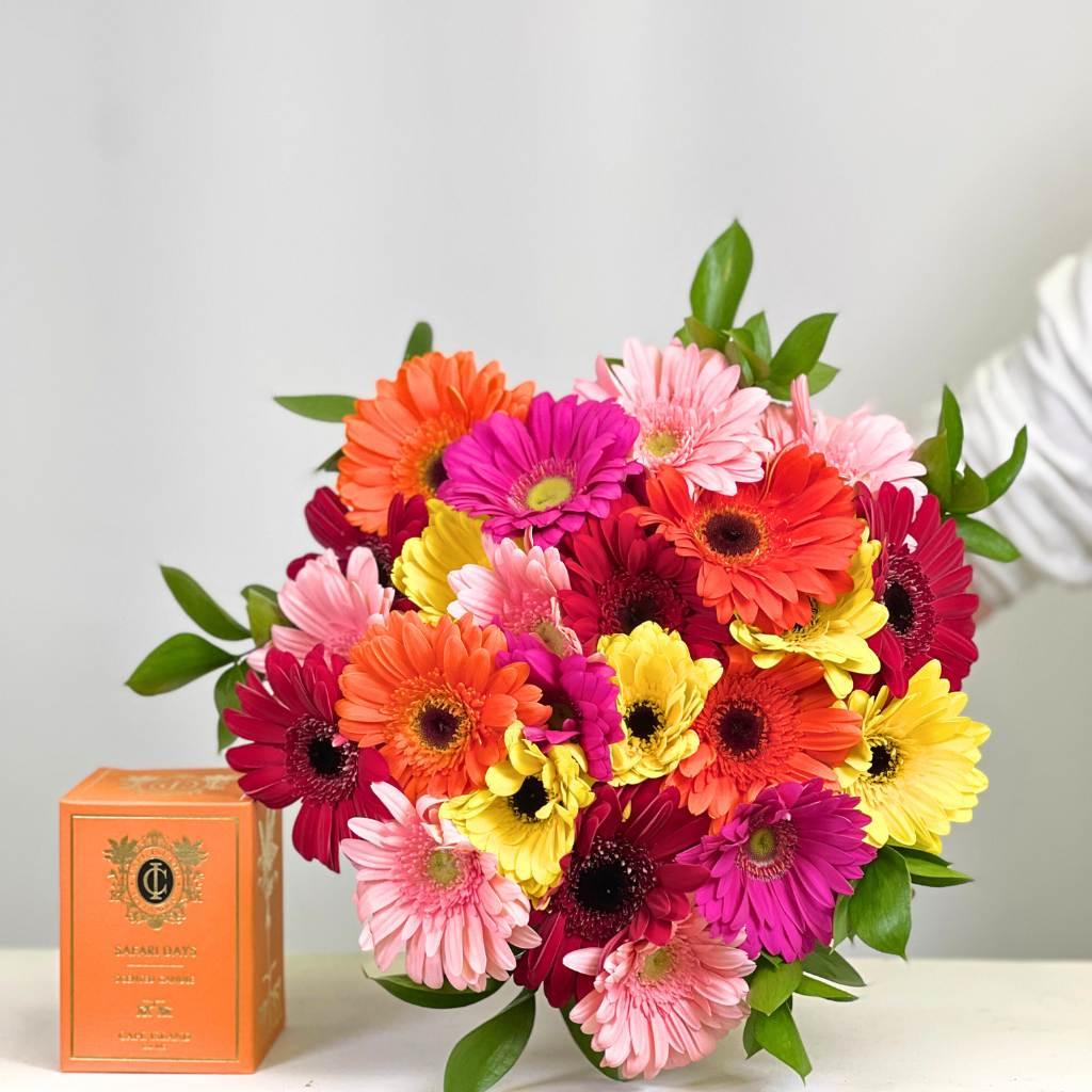 Colourful Tropical Bliss Gerbera Bouquet With Orange Cape Island Safari Days Candle - Fabulous Flowers