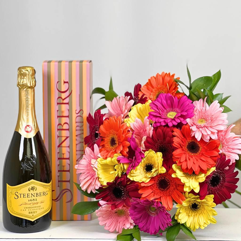 Colourful Tropical Bliss Gerbera Bouquet With Steenberg Sparkling Wine - Fabulous Flowers