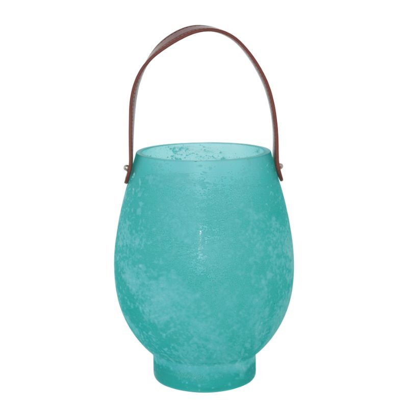 Turquoise glass lantern with a brown handle on a white background