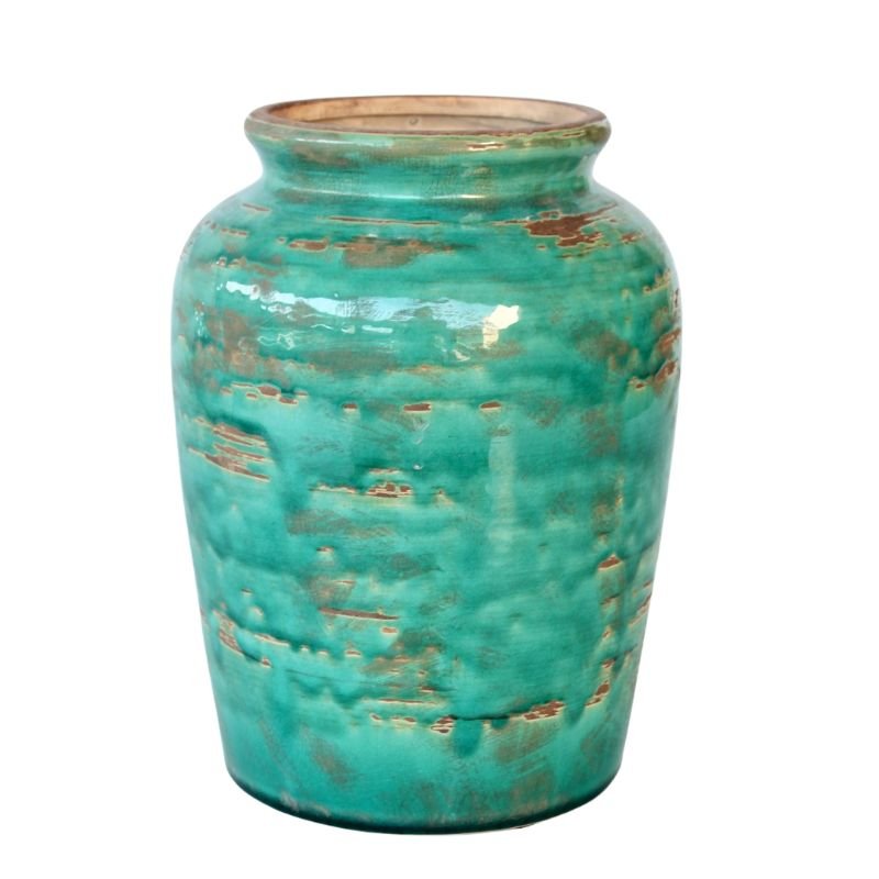 Turquoise ceramic vase with a textured surface on a white background