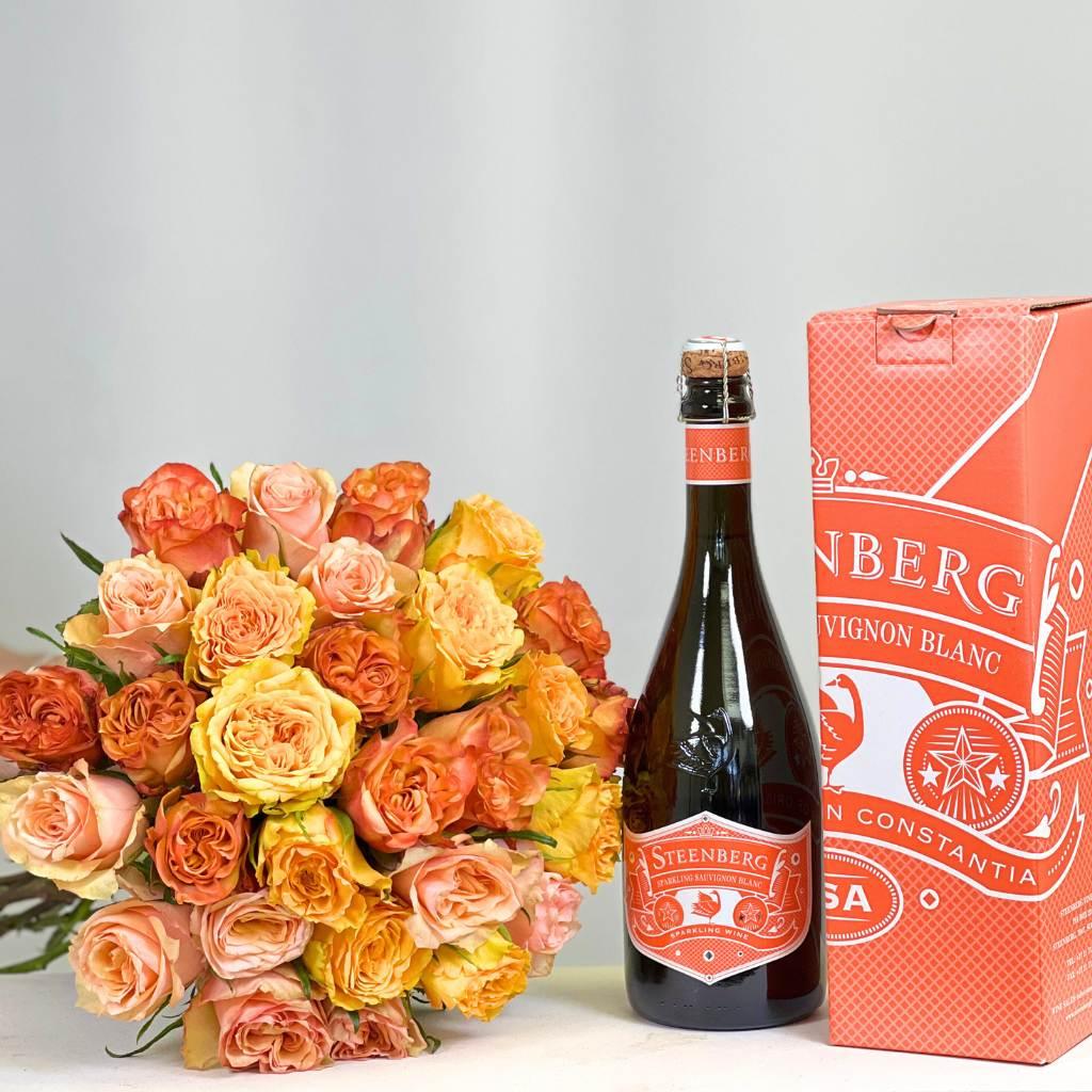 Orange Tuscan Dawn Rose Bouquet with Steenberg Sparkling Sauvignon Blanc - Fabulous Flowers