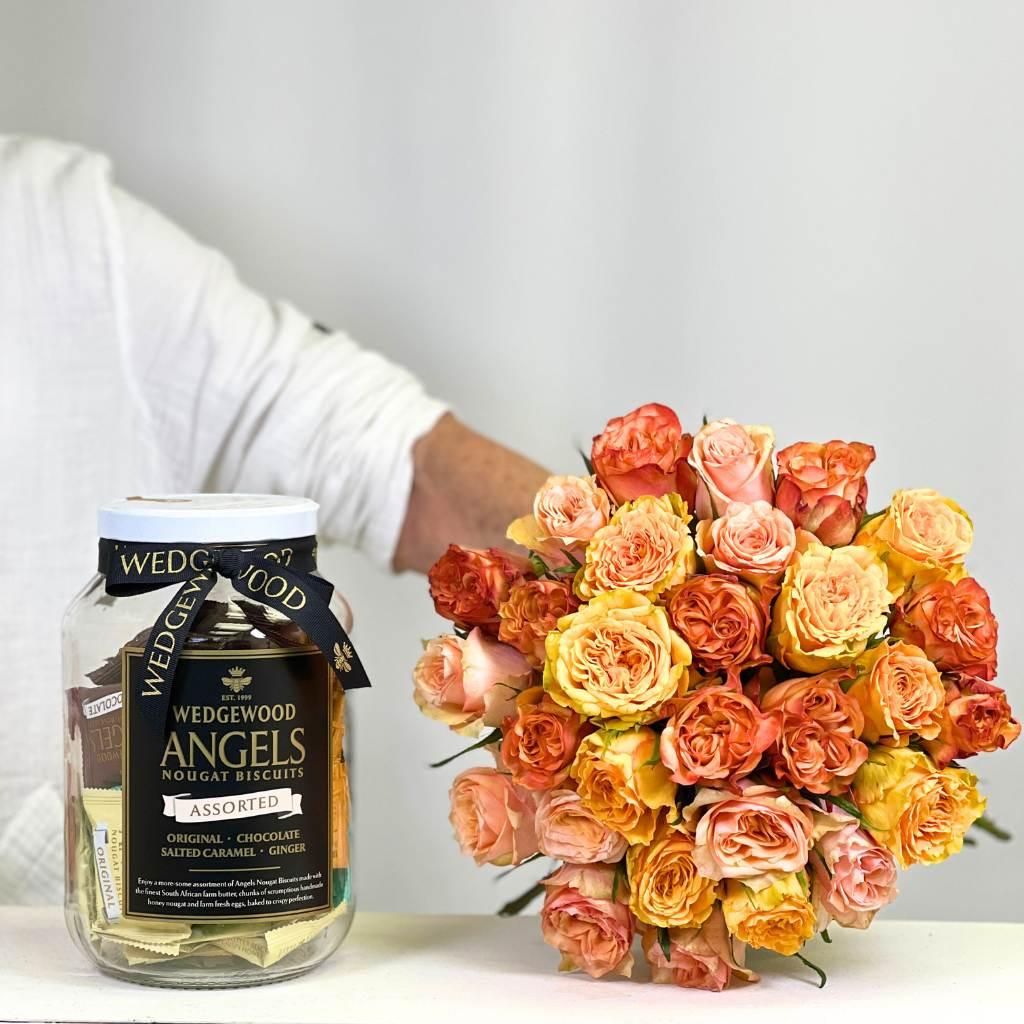 Luxurious Tuscan Dawn Rose Bouquet with Angels Nougat Biscuit Jar - Fabulous Flowers
