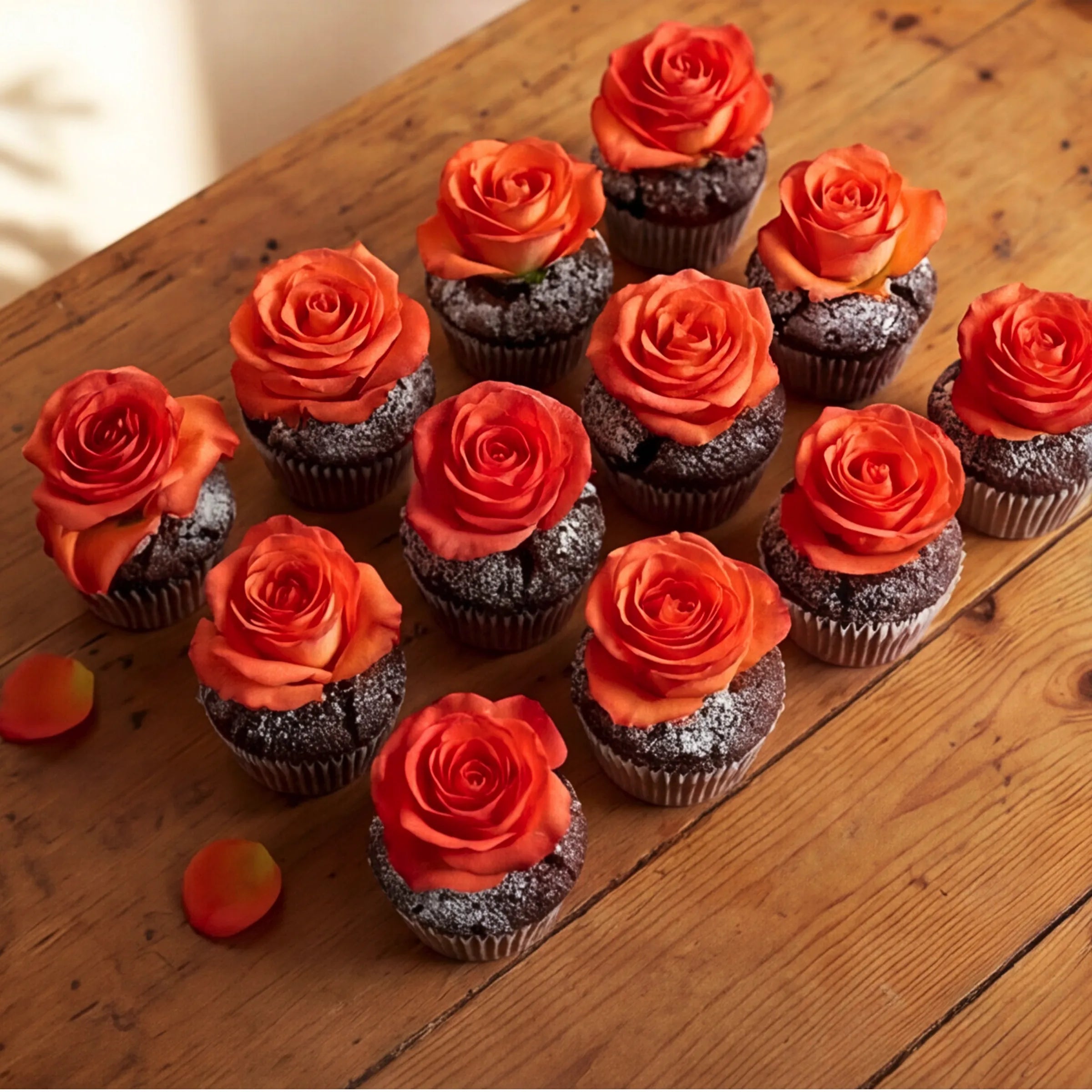 A dozen chocolate cupcakes arranged on a rustic wooden table, each topped with a vibrant orange rose and finished with icing-sugar dusting, Fabulous Flowers Cape Town corporate and event add-on