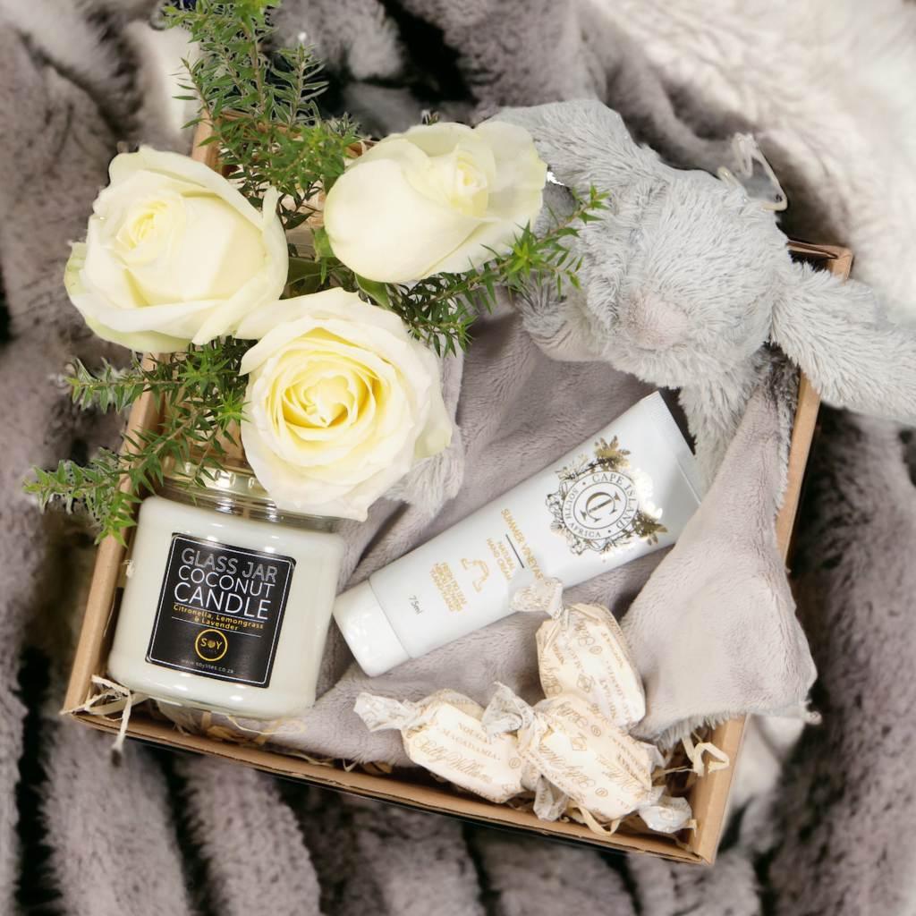 Bunny Rabbit Dudu Blanket in elegant packaging with hand cream and a fragrant candle - Fabulous Flowers