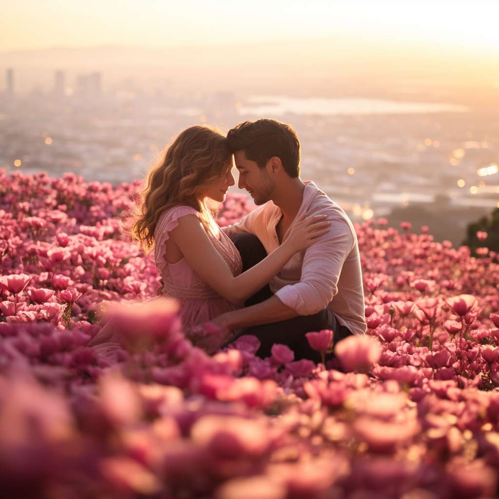 Romantic couple embracing in a field of pink flowers at sunset with city skyline in the background.