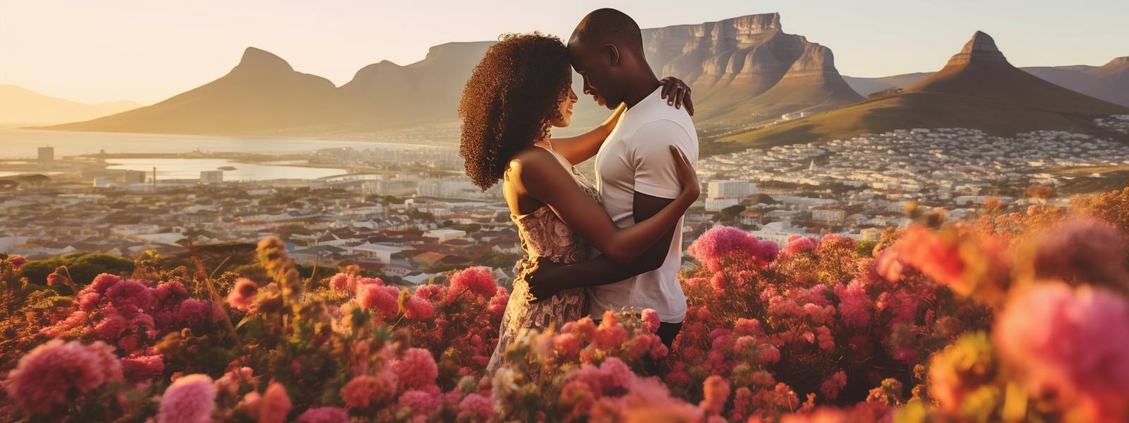 Valentines Day Gifts and Flower Delivery, couple holding each other with Cape Town in the background