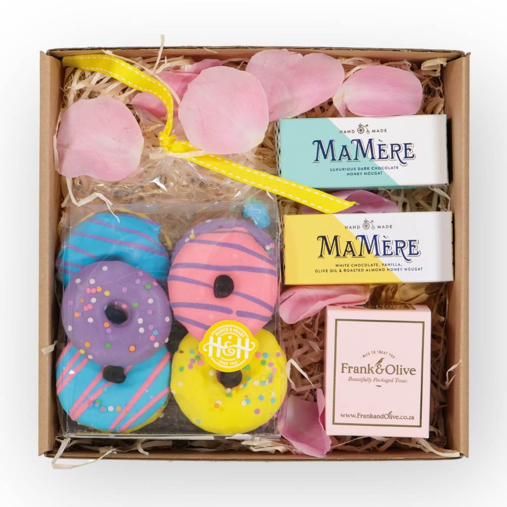 Frank & Olive fudge and MaMere Nougats showcased in gift basket - Fabulous Flowers