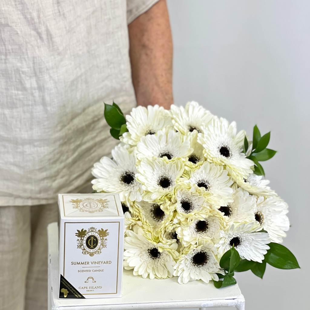 Whispering White Gerbera Flower Bouquet With Cape Island Neroli Candle - Fabulous Flowers