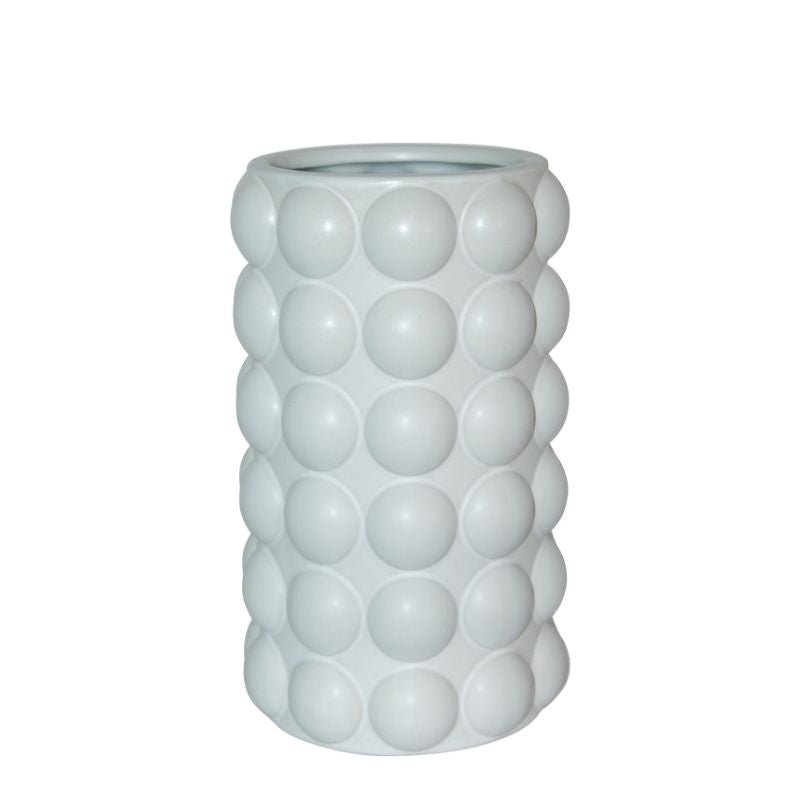 White Bubble Pot - Fabulous Flowers and Gifts: cylindrical ceramic pot with raised bubble pattern and matte white finish.