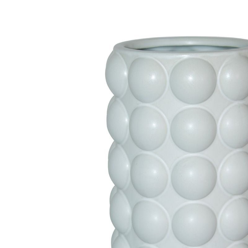 White Bubble Pot - Fabulous Flowers and Gifts: close-up of textured bubble design on matte white cylindrical ceramic pot.