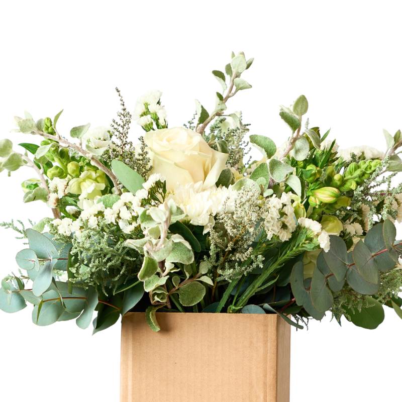 Bouquet of flowers in a cardboard box on a white background