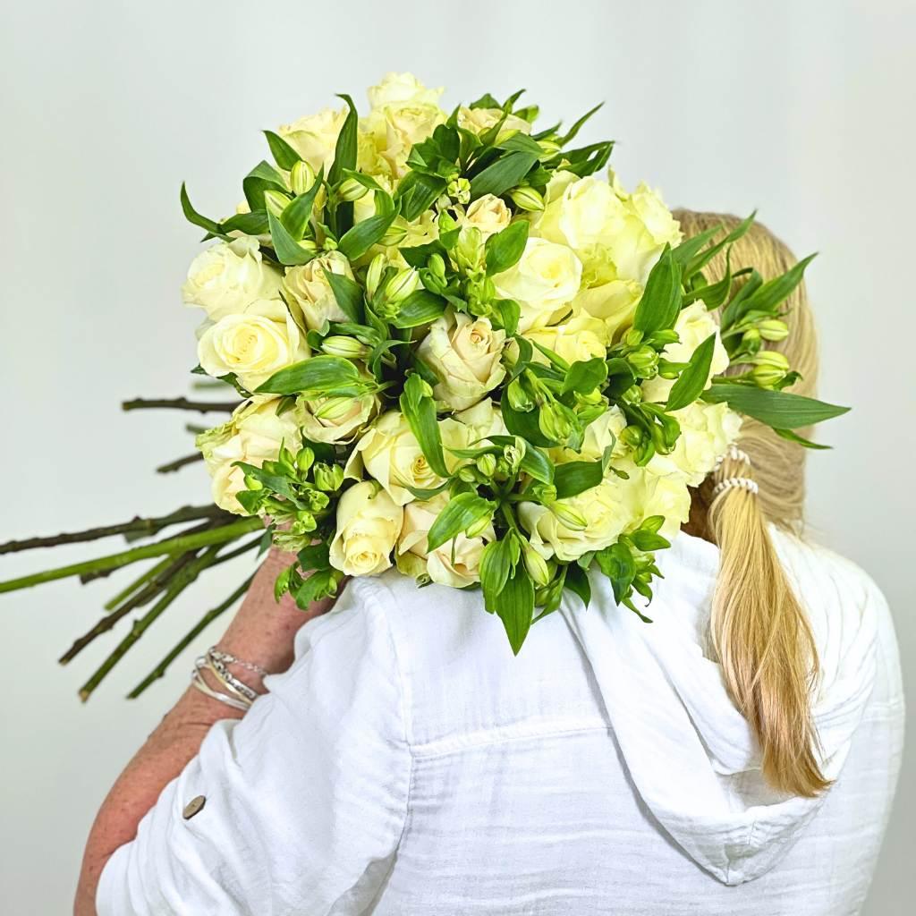 Local florist holding White Oasis Rose Bouquet 30 white roses and 10 alstroemeria - Fabulous Flowers