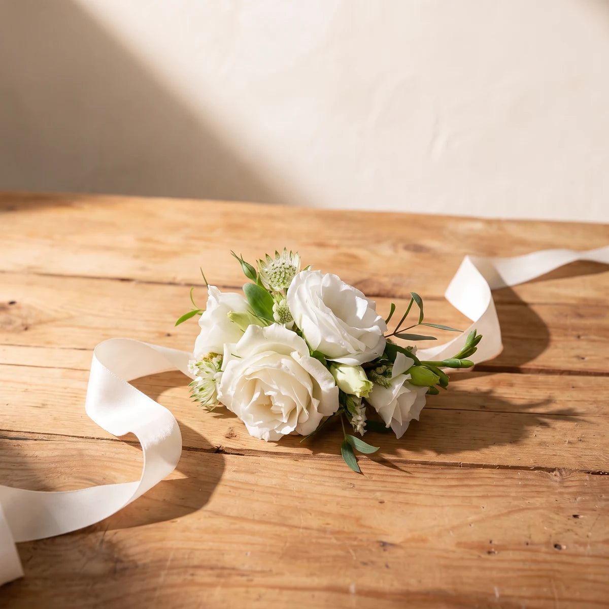 White rose and lisianthus wrist corsage with an ivory ribbon on a pine table, Fabulous Flowers South Africa