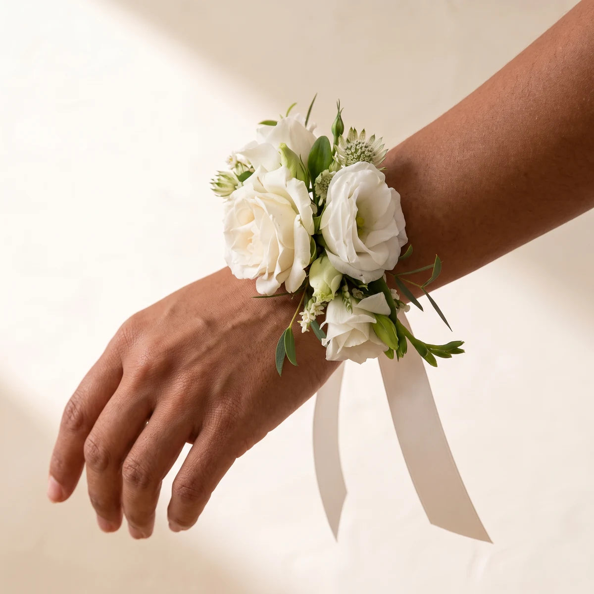Close-up of ivory roses, white lisianthus and astrantia on a wrist with ivory ribbon, Fabulous Flowers South Africa