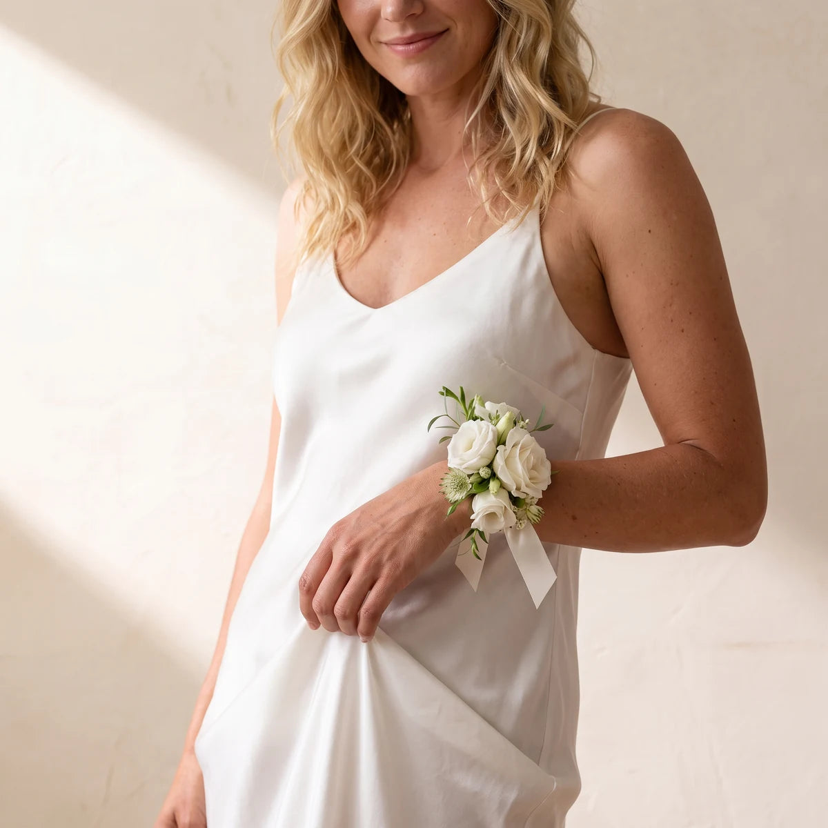 Woman in a white silk dress wearing a white rose wrist corsage, Fabulous Flowers South Africa
