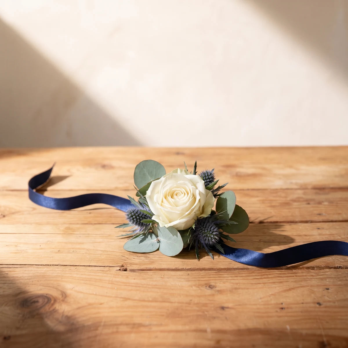 Ivory rose, blue thistle and eucalyptus wrist corsage with a navy ribbon on a pine table, Fabulous Flowers South Africa