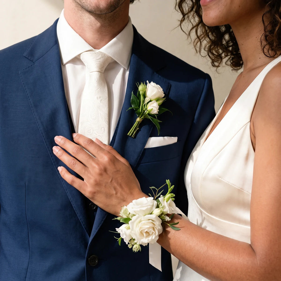 Couple in a navy suit and ivory dress wearing a matching white rose boutonniere and wrist corsage, Fabulous Flowers South Africa