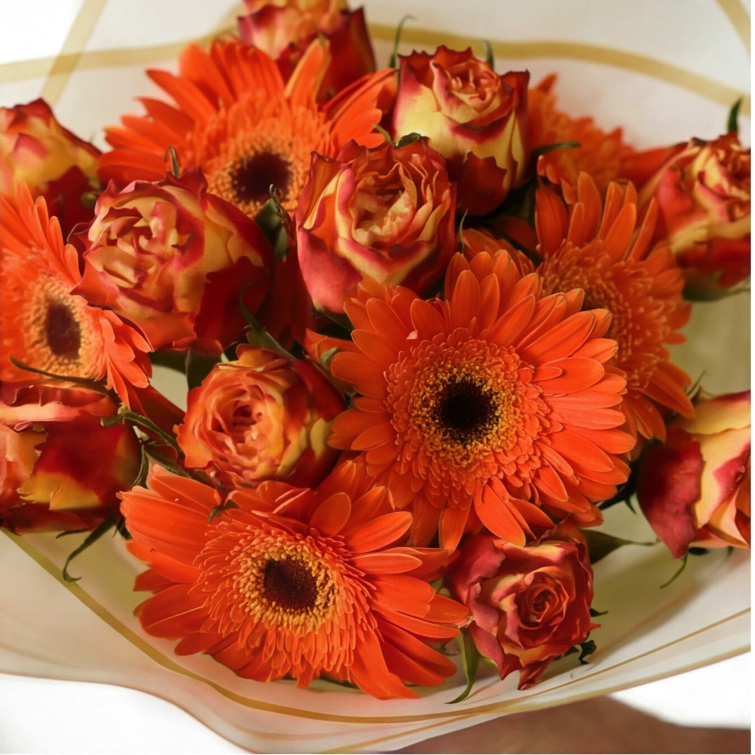 Close-up of orange gerbera daisies and bi-colour orange and gold roses in the Wildfire bouquet by Fabulous Flowers