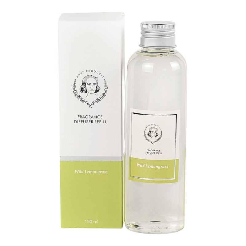 Clear fragrance diffuser refill bottle with a white box labeled 'Wild Lemongrass' on a white background.