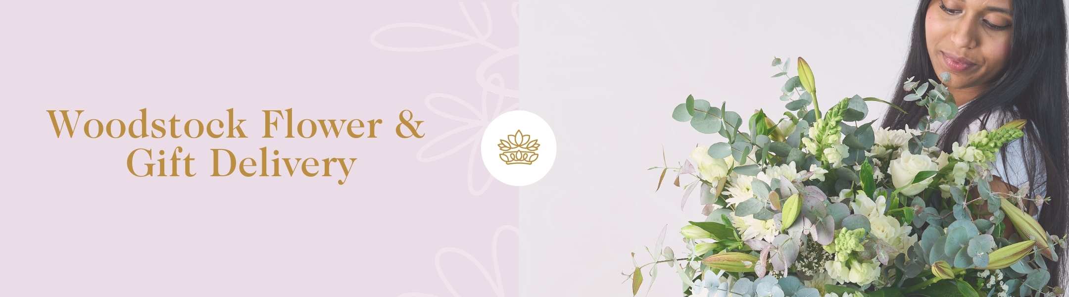 Woodstock Flower & Gift Delivery - Fabulous Flowers and Gifts, showcasing a lush green and white bouquet held by a smiling woman.