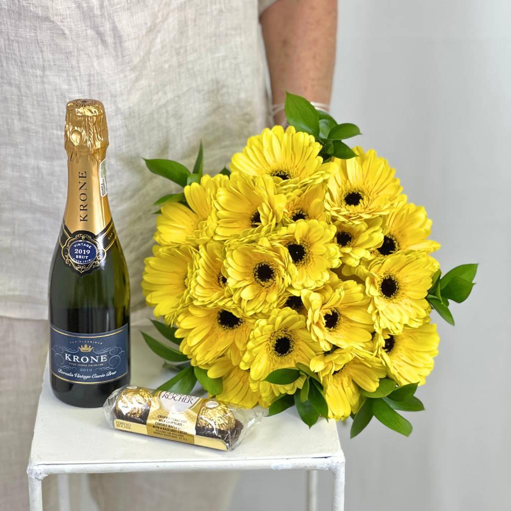Yellow Gerbera Daisy Flower Bouquet paired with Ferrero Rocher and Krone - Fabulous Flowers