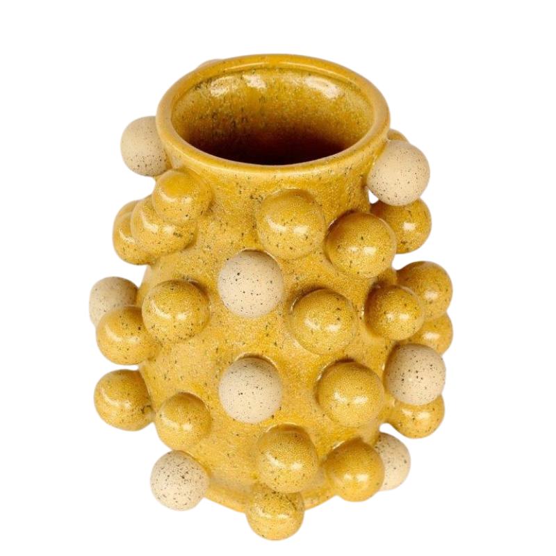 Yellow ceramic vase with a textured, bubble-like design on a white background