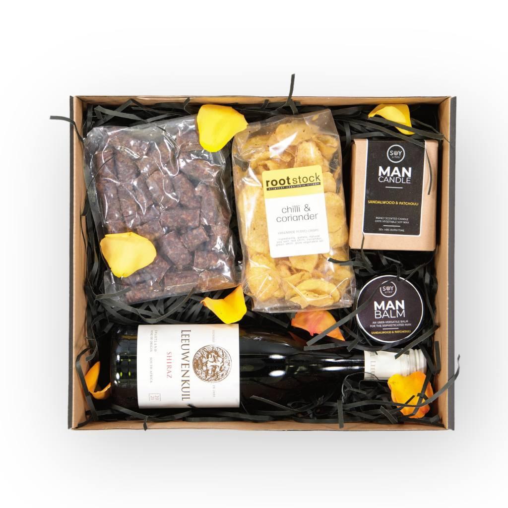 Yours Truly Hamper, the perfect gift for men in South Africa with Leeuwenkuil red wine, Soy Lites Man Candle, Soy Lites Man Balm, Droe Words and Crisps delivered nationwide - Fabulous Flowers