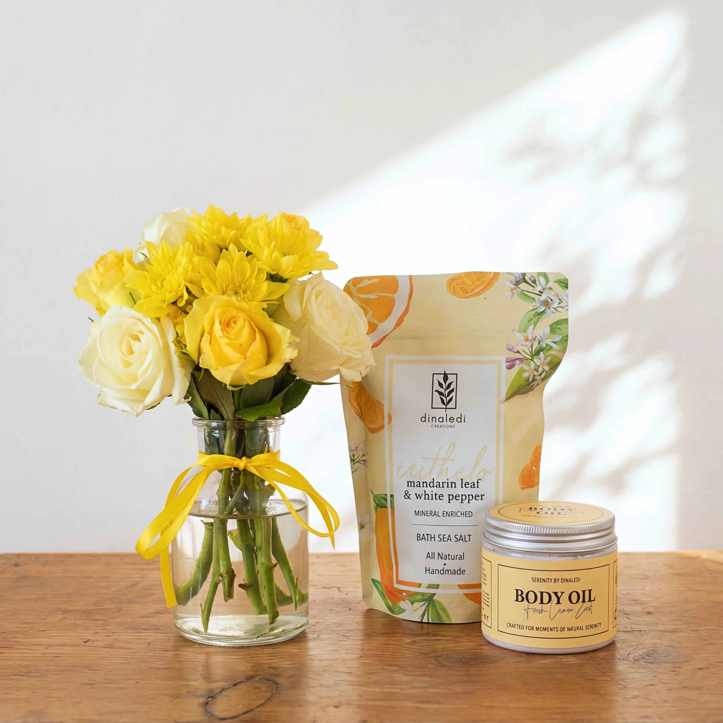 Zest & Rest pamper hamper: a yellow and cream rose posy, mandarin bath salts and lemon zest body oil