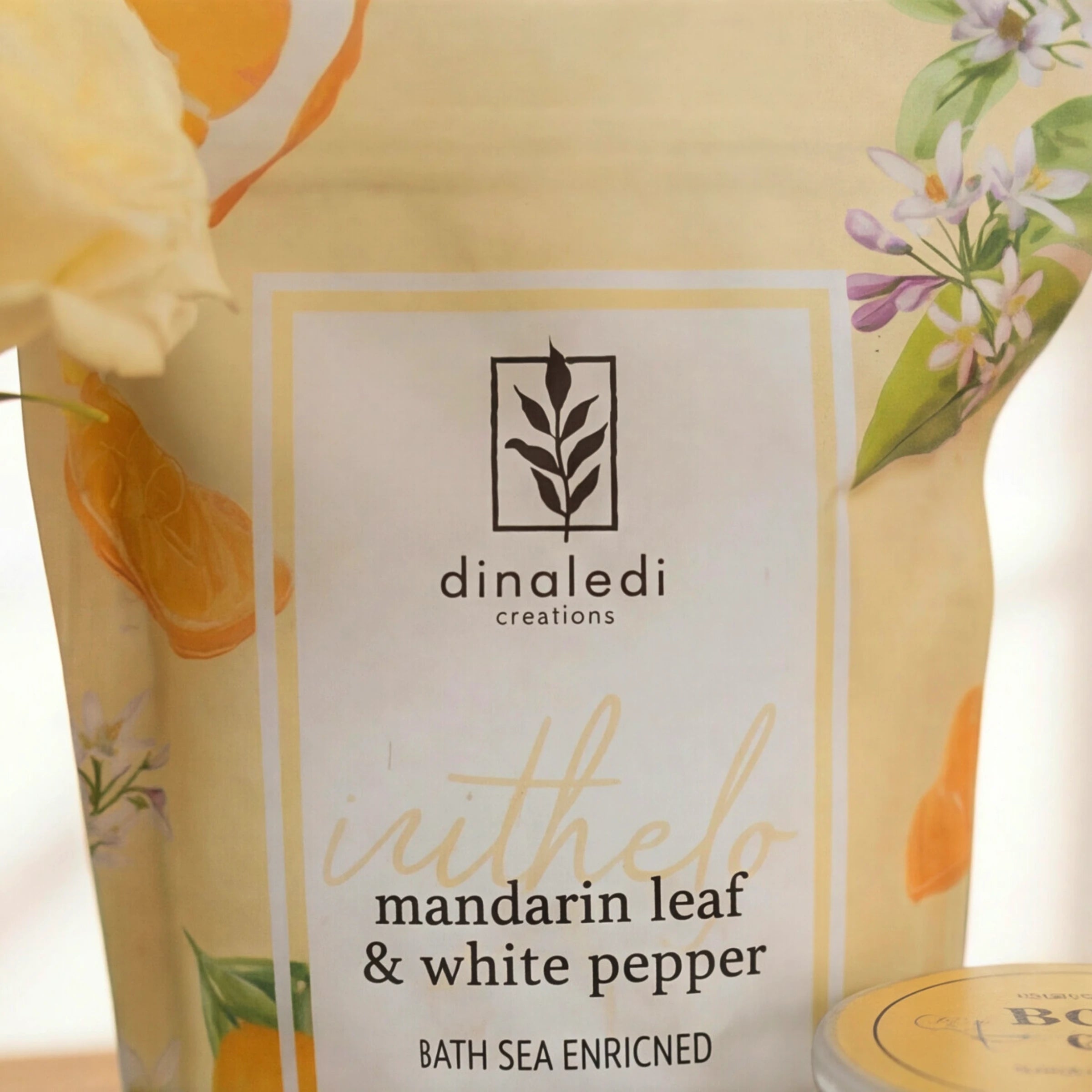 Dinaledi mandarin leaf and white pepper bath sea salt, part of the Zest & Rest pamper hamper