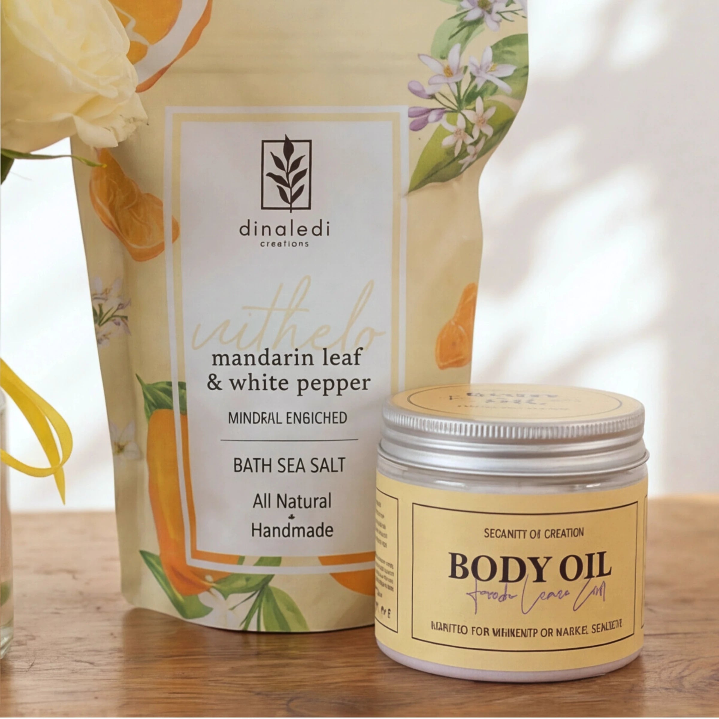 Close-up of the mandarin bath salts and lemon zest body oil in the Zest & Rest pamper hamper