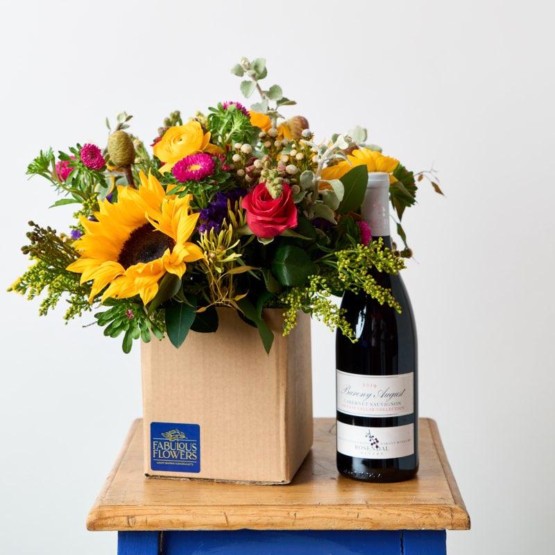 Sunflower Posy with Rozendal Red Wine delivered by Fabulous Flowers