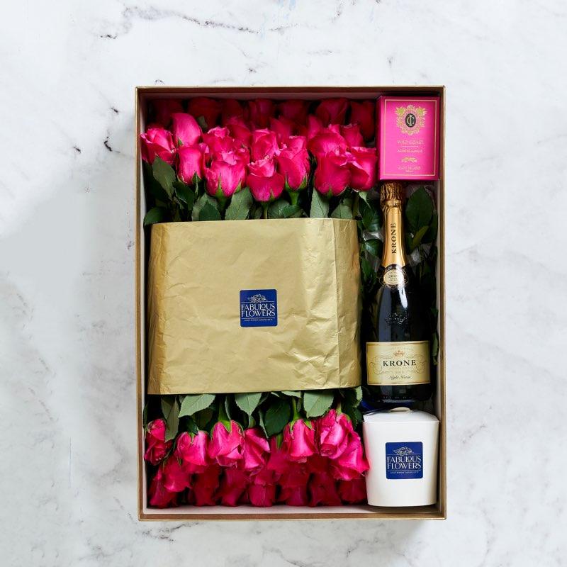 Cerise Pink Opulence Gift Box with fifty roses, MCC, cupcake and candle | Fabulous Flowers