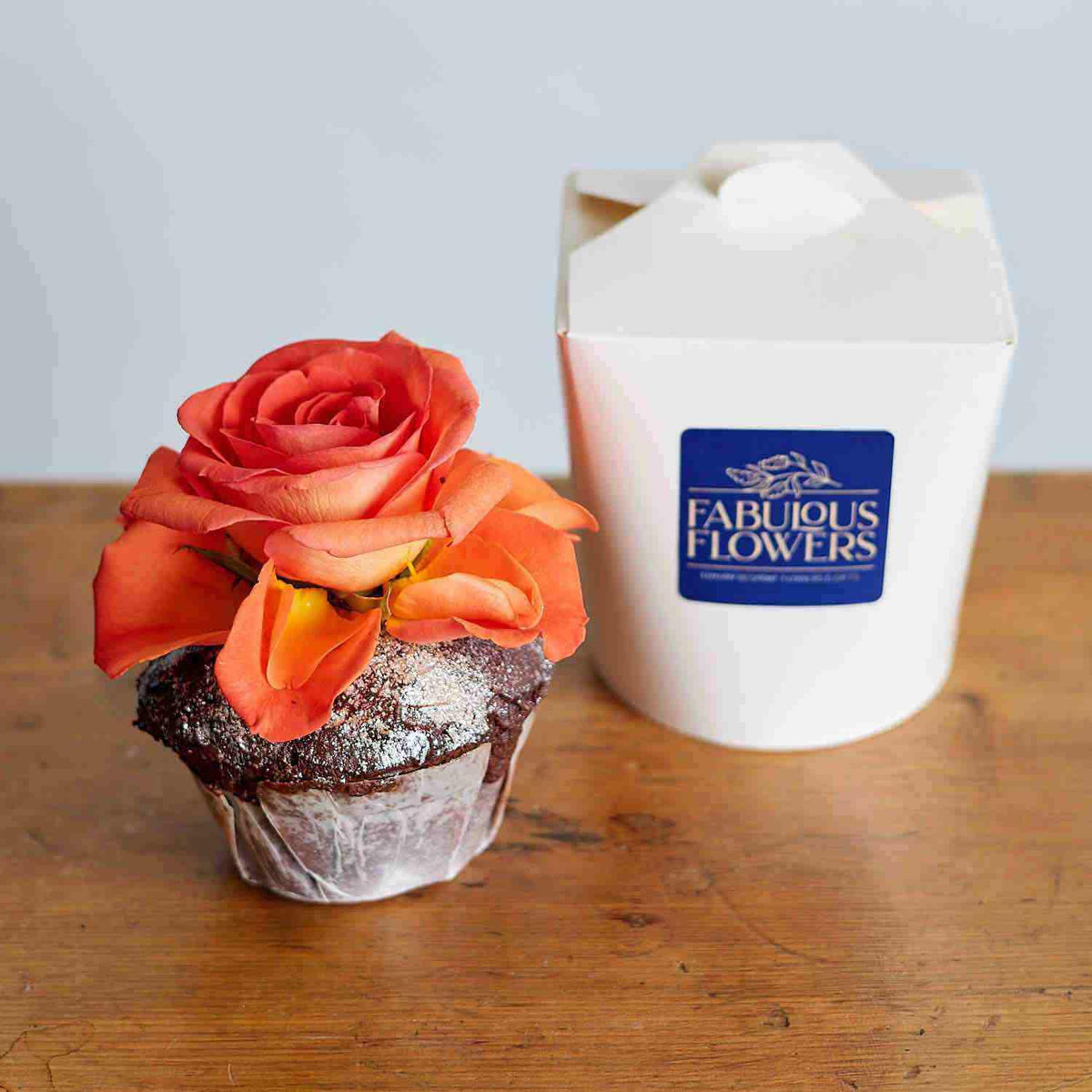 Delicious Chocolate Cupcakes made with love including a orange rose and branded packaging | Fabulous Flowers and Gifts