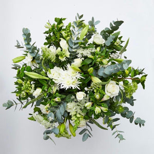 Classic White Vase with penny gum, St Jospeh lilies, alstroemeria, lace and white roses - Fabulous Flowers Cape Town Flower Delivery