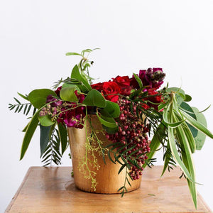 Flower arrangement in gold container with red roses, amaranthus, scabiosa, pods, dahlias and lush greenery | Fabulous Flowers 