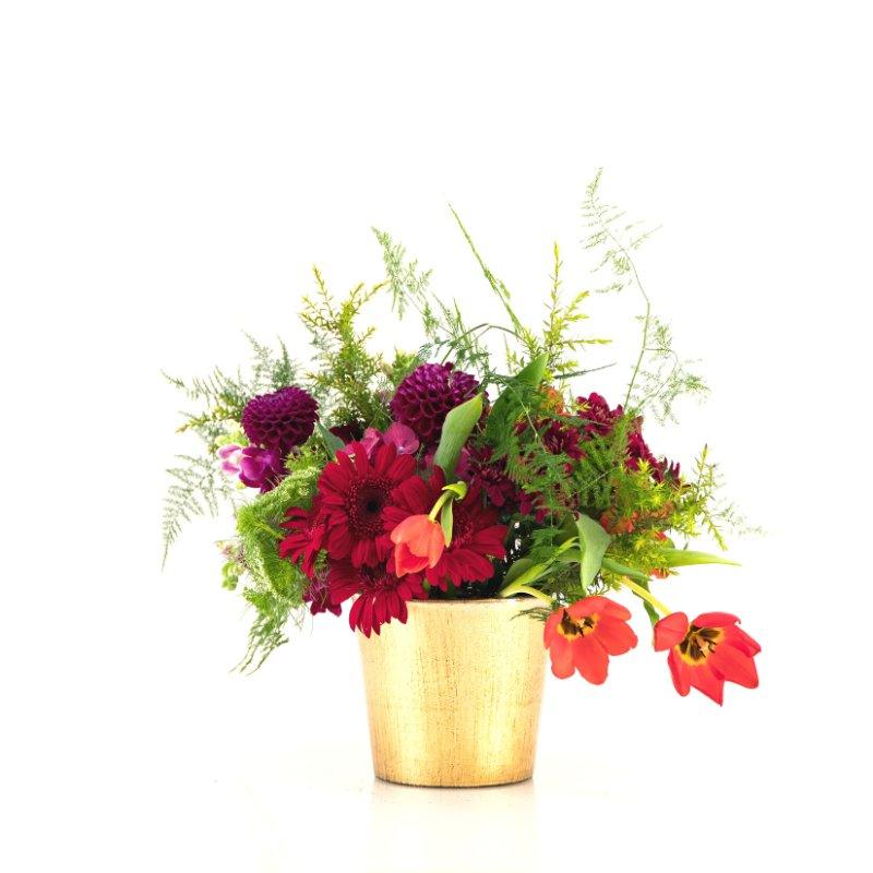 Red and maroon flowers like tulips, dahlias and gerberas in gold container - Fabulous Flowers