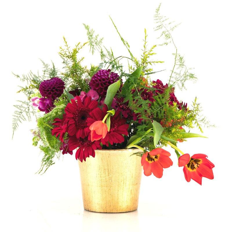 Red and maroon flowers like tulips, dahlias and gerberas in gold container - Fabulous Flowers