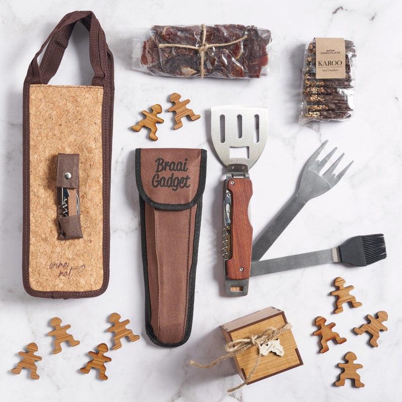 A Father's Day gift for your old man. The Gadget Dad gift box is  packed with brown coloured treats including biltong, crackers, puzzle game and corkscrew. Order now! | Fabulous Flowers and Gifts
