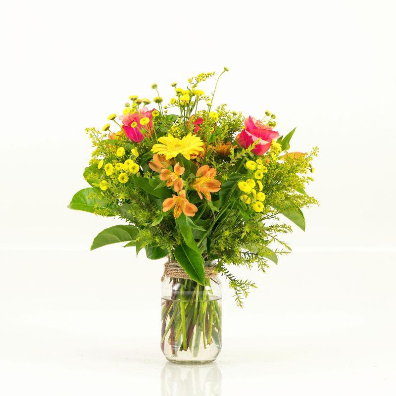 Orange and yellow flowers arranged in a glass jar and delivered to your favourite Cape Town people by Fabulous Flowers