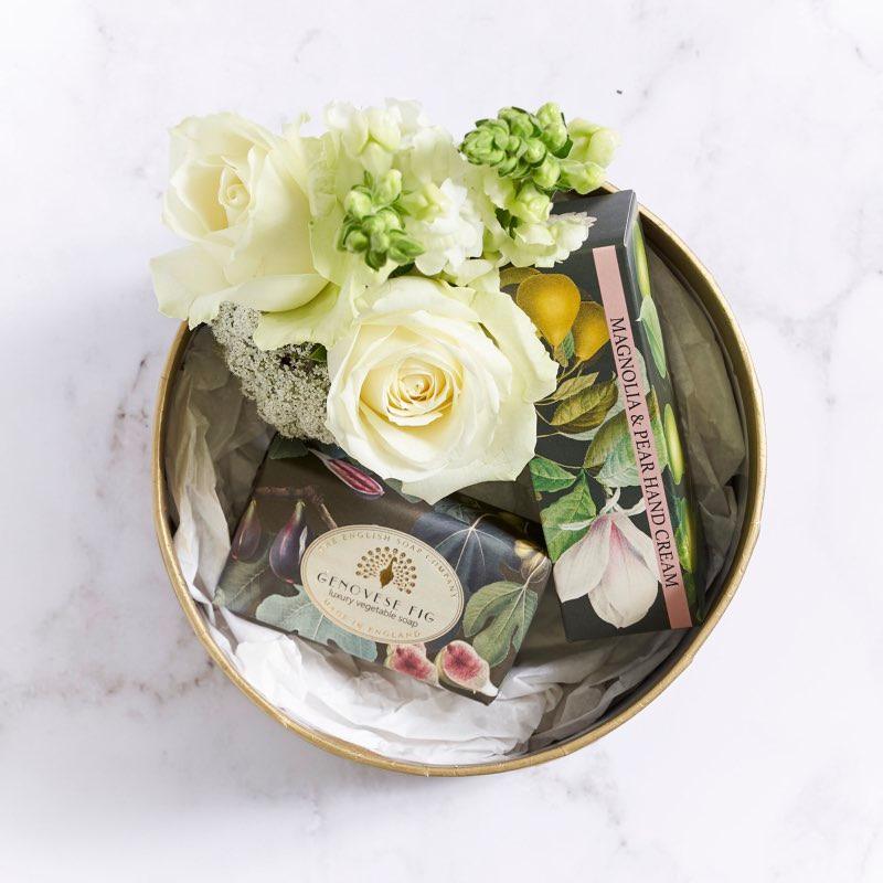 Gorgeous flower arrangement including white roses, lace and snapdragons  Magnolia & Pear hand cream The English Soap Company Genovese Fig soap bar  | Fabulous Gifts Cape Town