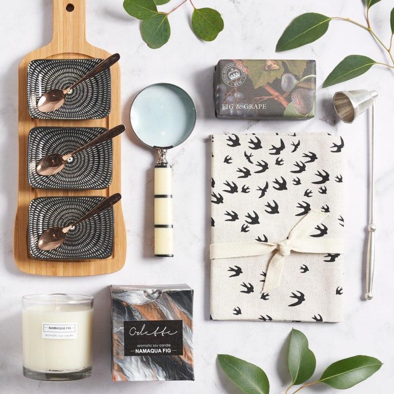 Luxurious housewarming gifts the Luxe Living treat includes a magnifying glass, royal botanica soap, fig soy candle, tea towel and candlestick | Fabulous Flowers and Gifts