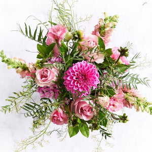 Top shot of Moms Little Pricess flower arrangement with dahlias and pink roses | Fabulous Flowers South Africa's best florist