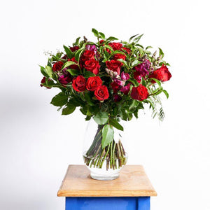 36 red roses 10 snapdragons Lush Greenery Glass Vase | Fabulous Flowers