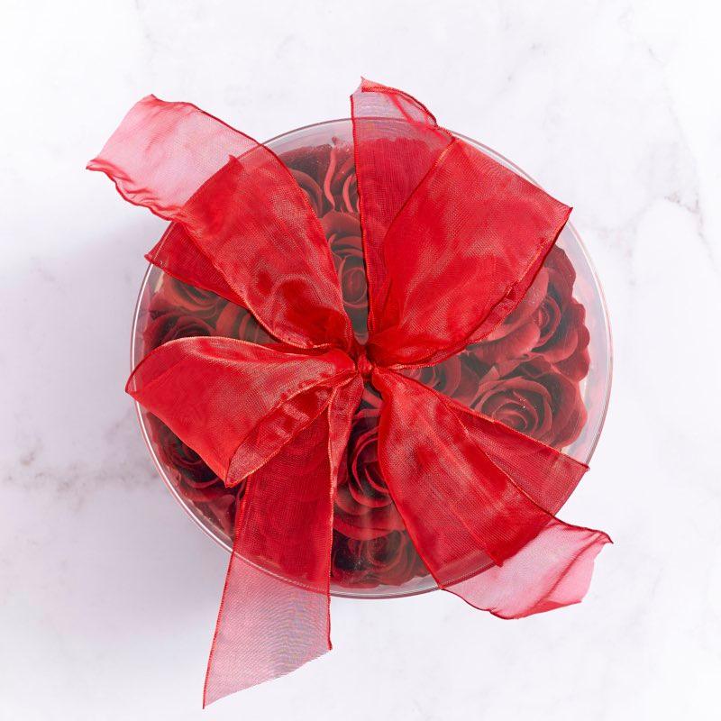 Top shot of gift with ribbon and forever silk red roses | Fabulous Flowers South Afrcan gift shop