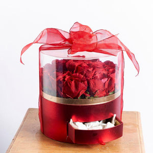 Silk red roses in a beautiful red gift box with nougat | Fabulous Flowers natiownide gifts