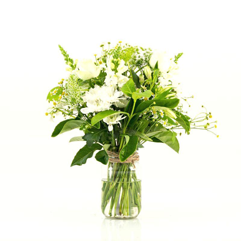 Small white flower arrangement in glass jar delivered in Cape Town by Fabulous Flowers