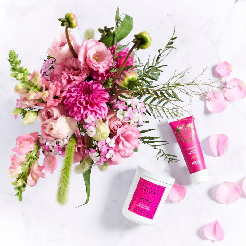 Pink vase arrangement with snapdragons, mroses, dahlia and greenery with fragrant candle  and hand cream | Fabulous Flowers florist near me